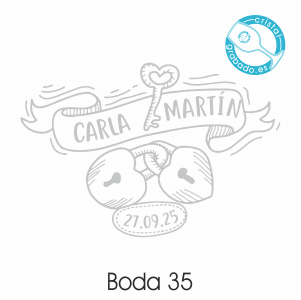 Sello de boda original con dibujo de llave y candados en forma de corazones